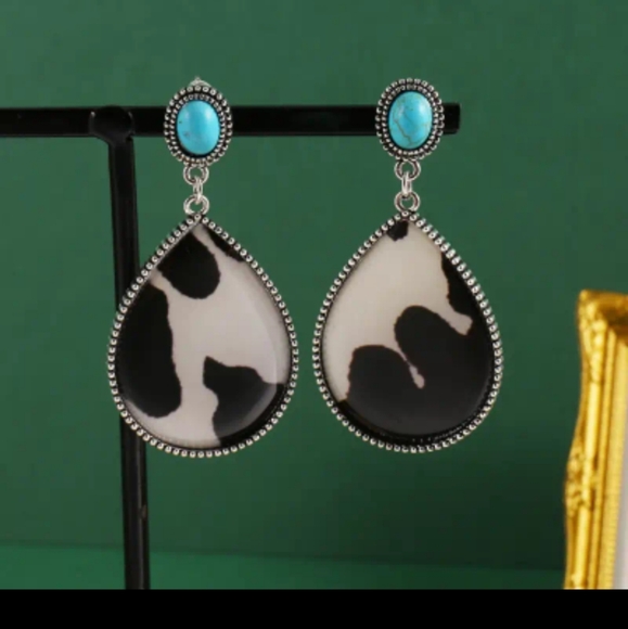 Jewelry - Waterdrop Shape Cow Print Pattern Earrings 925 Silver Plated Jewelry